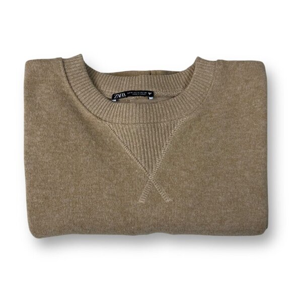Zara Cropped Sweatshirt Womens Sz M Beige Long Sleeve Crewneck Pullover Sweater - Picture 2 of 6